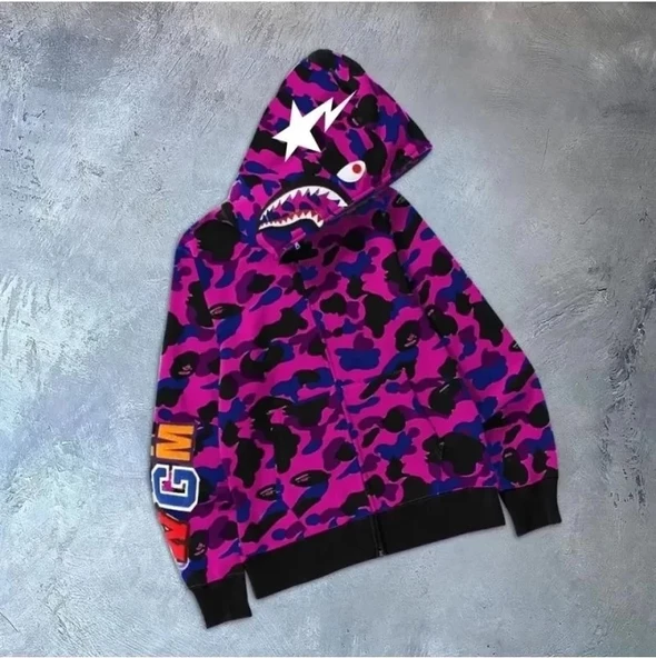 Erkek 2 İplik Bape Kapüşonu Fermuarlı Hırka - Mor ürün görseli 1