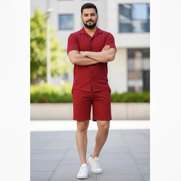 Erkek Waffle Kumaş Kısa Kol Gömlek Şort Takım Regular Yazlık İkili Set - Bordo ürün görseli 1