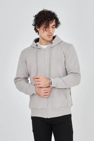 Erkek 3 İplik Pamuklu Fermuarlı Kapüşonlu Kanguru Cepli Hoodie Hırka Sweatshirt - Boyalı Gri ürün görseli 1