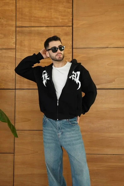 Erkek Kapüşonlu 3 İplik Şardonlu Önü Baskılı Fermuarlı Oversize Sweatshirt - Siyah ürün görseli 1