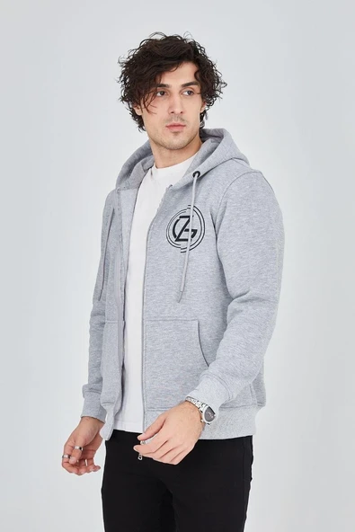 Erkek 3 İplik Pamuklu Fermuarlı Kapüşonlu Kanguru Cepli Baskılı Hoodie Hırka Sweatshirt -Gri ürün görseli 1