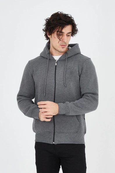 Erkek 3 İplik Pamuklu Fermuarlı Kapüşonlu Kanguru Cepli Hoodie Hırka Sweatshirt - Füme ürün görseli 1