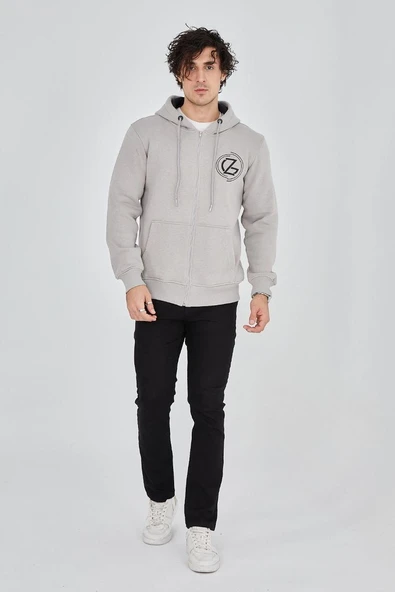 Erkek 3 İplik Pamuklu Fermuarlı Kapüşonlu Kanguru Cepli Baskılı Hoodie Hırka Sweatshirt - Boyalı Gri ürün görseli 1