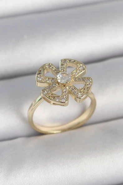 Pirinç Gold Renk Zirkon Taşlı Yonca Model Ayarlanabilir Kadın Yüzük ürün görseli 1