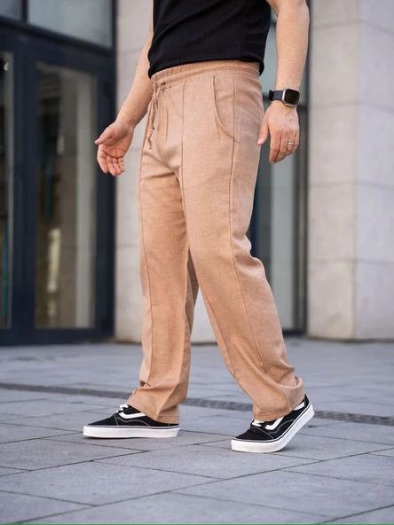 Erkek Keten Cepli Çıma Dikişli jogger Buggy Pantalon Rahat kalıp - Kahverengi ürün görseli 1
