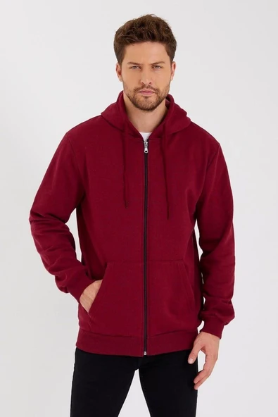 Erkek 3 İplik Pamuklu Tam Fermuarlı Kapüşonlu Kanguru Cepli Düz Hoodie Sweatshirt - Bordo ürün görseli 1