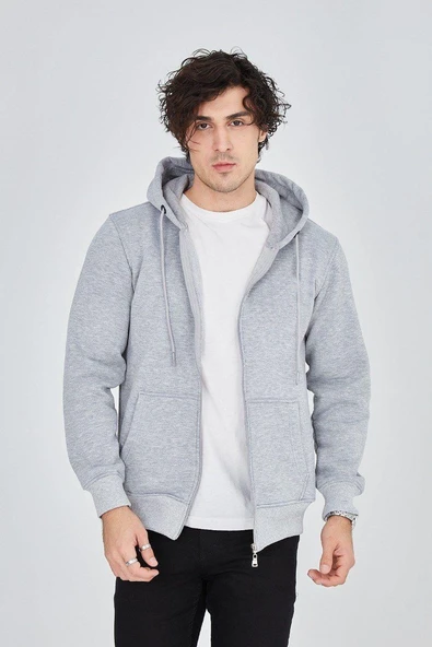 Erkek 3 İplik Pamuklu Fermuarlı Kapüşonlu Kanguru Cepli Hoodie Hırka Sweatshirt - Gri ürün görseli 1
