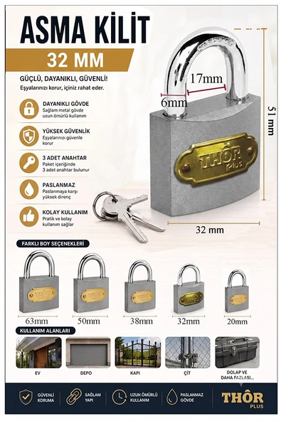 Küçük Asma Kilit 32 mm 1 Adet Thor Plus Paslanmaz Metal Asma Kilit Dayanıklı Yedek Anahtarlı Zincir Kilidi Kapı Bahçe ürün görseli 1