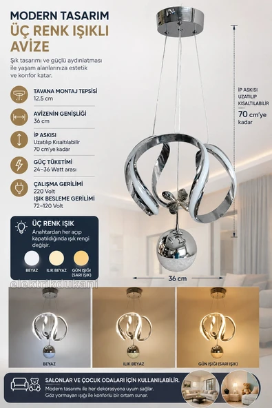 DMR 1 Toplu AHTAPOT Sarkıt Led Avize KROM Geniş Şerit Kasa Üç Renk 6500k/4000k/3000k (Beyaz /Ilık Beyaz/Sarı (Günışığı)) ürün görseli 1