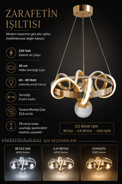 DMR 1 Toplu SARMAŞIK Sarkıt Led Avize ALTIN (Gold) Geniş Şerit Kasa Üç Renk 6500k/4000k/3000k (Beyaz /Ilık Beyaz/Sarı (G ürün görseli 1