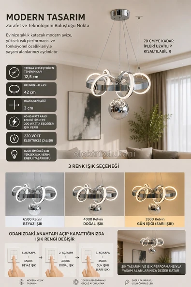DMR 1 Toplu SARMAŞIK Sarkıt Led Avize KROM Geniş Şerit Kasa Üç Renk 6500k/4000k/3000k (Beyaz /Ilık Beyaz/Sarı (Günışığı) ürün görseli 1