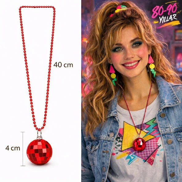 Retro Disko Topu Şekilli 80'ler 90'lar Kırmızı Renk Plastik Kolye ürün görseli 1