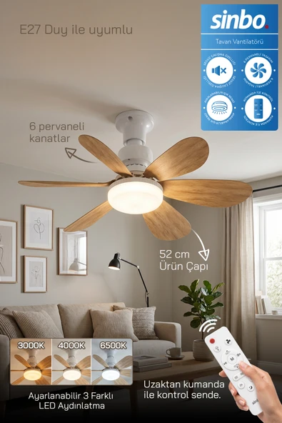 SF-7708 3 LED Aydınlatmalı Sessiz Tavan Vantilatörü Kumandalı 6 Kanatlı ürün görseli 1