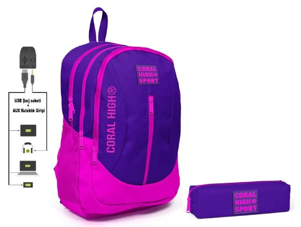 Coral High Sport Mor Pembe Sırt Çantası ve Kalemlik Seti ürün görseli 1
