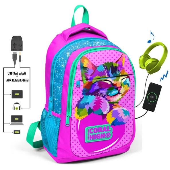 Coral High Kids Minik Kedi İlk ve Ortaokul Sırt Çantası - USB ve AUX Çıkışlı ürün görseli 1