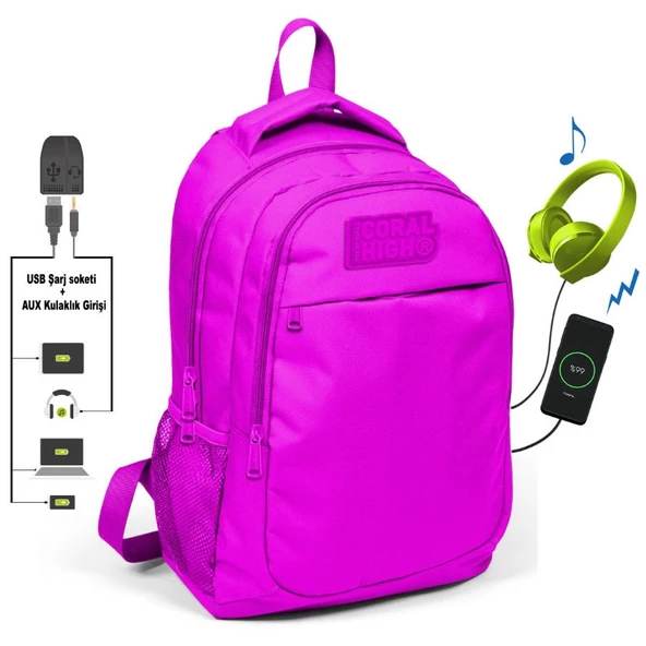 Coral High Pembe Kız Çocuk İlk ve Ortaokul Sırt Çantası - USB ve AUX Çıkışlı ürün görseli 1