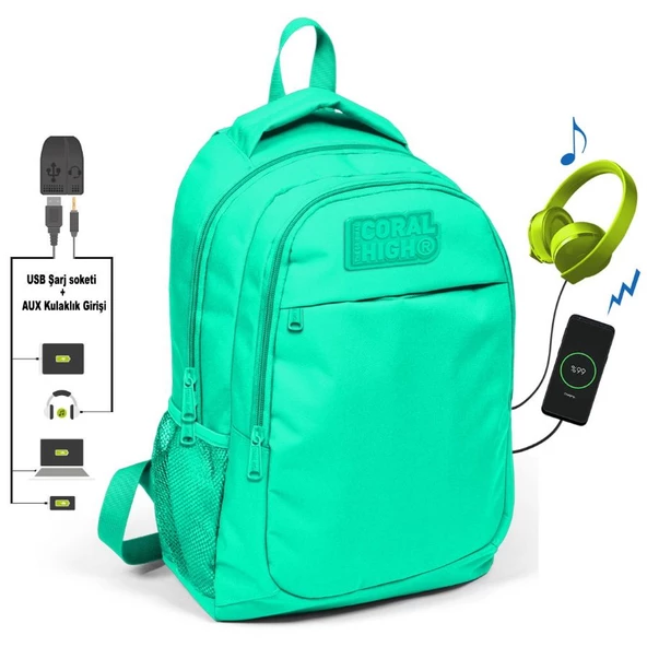 Coral High Su Yeşili İlk ve Ortaokul Sırt Çantası - USB ve AUX Çıkışlı - Kız ve Erkek ürün görseli 1