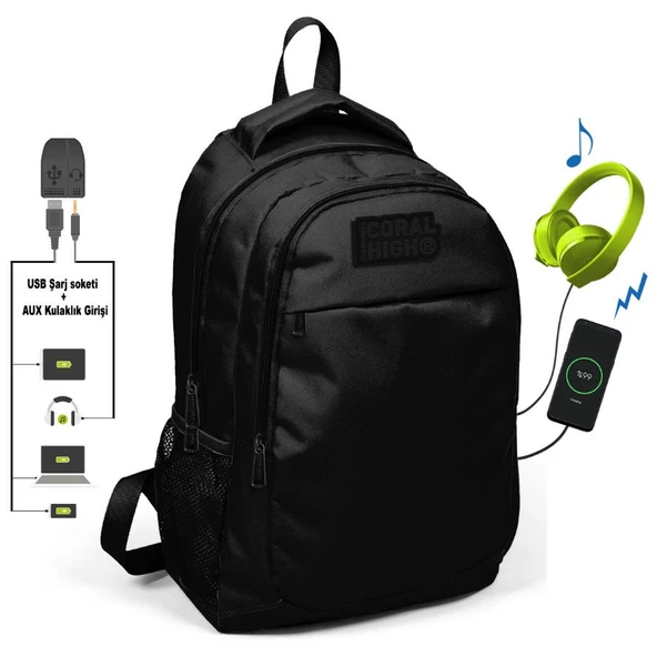 Coral High Siyah İlk ve Ortaokul Sırt Çantası - USB ve AUX Çıkışlı ürün görseli 1