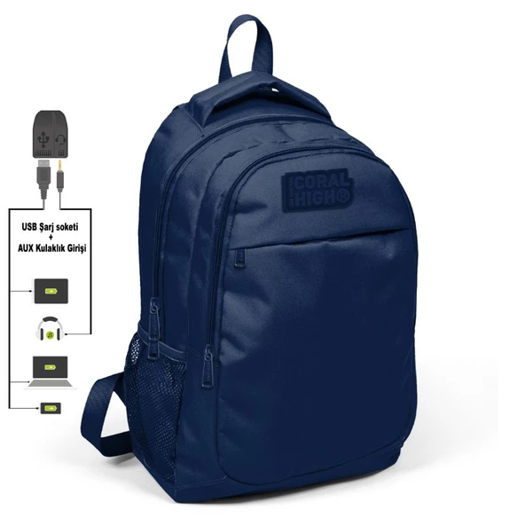 Coral High Lacivert İlk ve Ortaokul Sırt Çantası - USB ve AUX Çıkışlı - Erkek ürün görseli 1