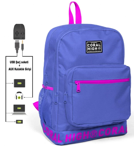 Coral High Logo Nakışlı Mor Ortaokul, Lise ve Günlük Sırt Çantası(USB VE AUX SOKETLİ) ürün görseli 1