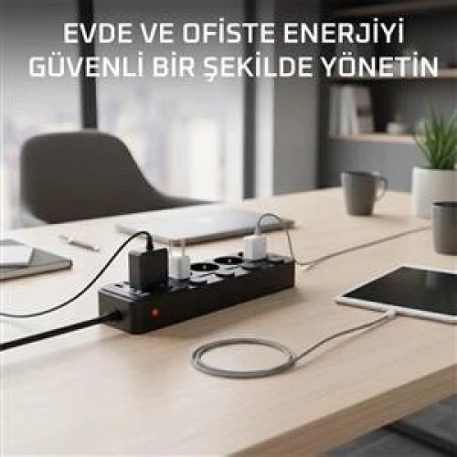 Akım Korumalı 4’Lü Priz 2Xusb 2Xtype-C Çıkış Yüksek Gerilim Koruma Priz Çoğaltıcı