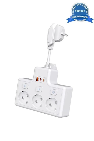 Termal Akım Korumalı 3’Lü Duvar Tipi Priz 1X Usb 2X Type-C Çıkışlı Grup Priz Çoğaltıcı (3500W)