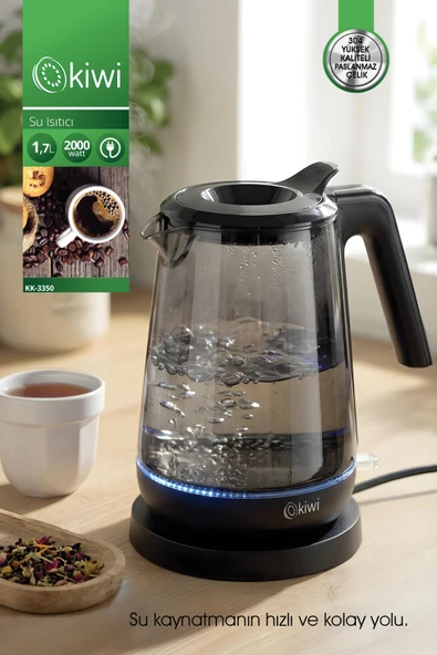 Kiwi KK-3350 Cam Su Isıtıcı | 2000W 1.7 L Borosilikat Cam & LED Işıklı &360° Kablosuz Kullanım Siyah ürün görseli 1