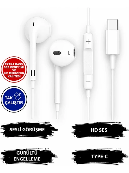 OnePlus Nord N30 SE 5G Uyumlu Tak Çalıştır Stero Type-C Girişli Beyaz Renk Kablolu Kulaklık MBL-293 ürün görseli 1
