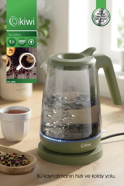 Kiwi KK-3350 Cam Su Isıtıcı | 2000W &1.7 L Borosilikat Cam LED Işıklı & 360° Kablosuz Kullanım Yeşil ürün görseli 1