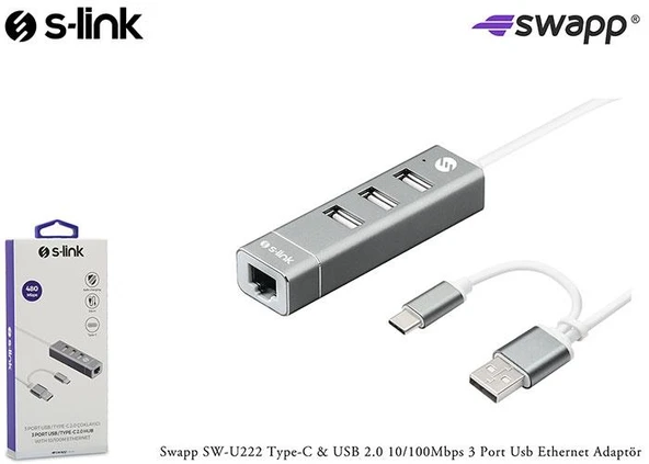 S-link Swapp SW-U222 Type-c Usb 2.0 10-100mbps 3 Port Usb Ethernet Adaptör ürün görseli 1