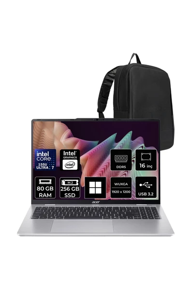 ACER Aspire Lite Core Ultra 7 155U 80GB 256GB SSD 16" FHD+ W11P Dizüstü Bilgisayar AL16-53P ürün görseli 1