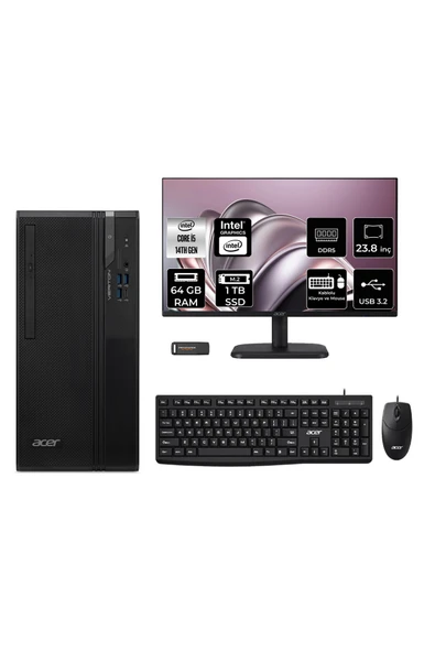 ACER Veriton S2720G Core i5 14400 64GB 1TB SSD FDOS Masaüstü Bilgisayar + 23.8" Monitör ürün görseli 1