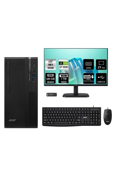 ACER Veriton S2720G Core i5 14400 48GB 1TB SSD GT1030/4GB FDOS Masaüstü Bilgisayar + 27" Monitör ürün görseli 1