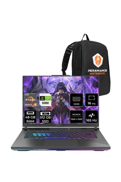 ASUS ROG Strix G16 Ryzen 9 8940HX RTX5080 16GB 48GB RAM 512GB SSD 16" FHD+ 165Hz FreeDos G614PWRV036P332 Gaming Laptop + PER4 Çanta ürün görseli 1