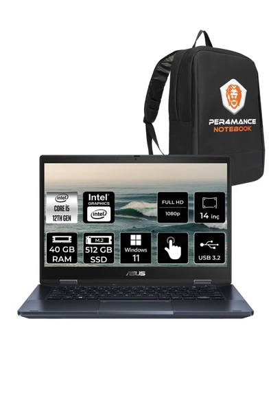 ASUS Expertbook B3 Flip i5 1235U 40GB RAM 512GB SSD 14" FHD W11P Dokunmatik Bilgisayar & PER4 ÇANTA ürün görseli 1