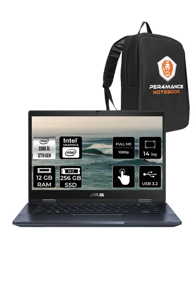 ASUS Expertbook B3 Flip i5 1235U 12GB RAM 256GB SSD 14" FHD FDOS Dokunmatik Bilgisayar & PER4 ÇANTA ürün görseli 1