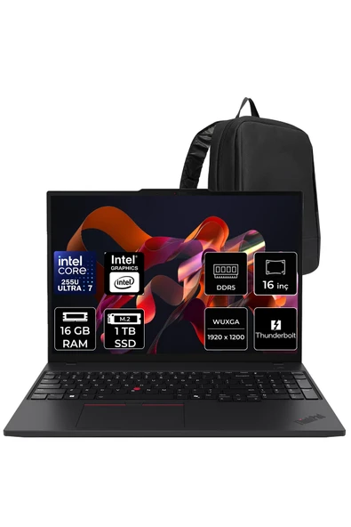 LENOVO ThinkPad T16 Core Ultra 7 255U 16GB RAM 1TB SSD 16" FHD+ FreeDOS Dizüstü Bilgisayar + Per4 Çanta ürün görseli 1