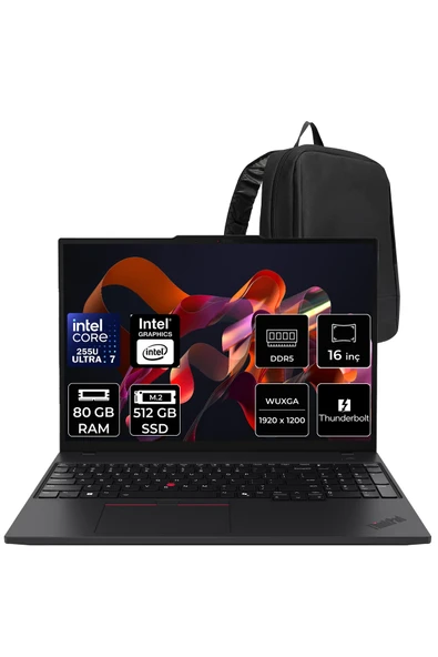LENOVO ThinkPad T16 Core Ultra 7 255U 80GB RAM 512GB SSD 16" FHD+ FreeDOS Dizüstü Bilgisayar + Per4 Çanta ürün görseli 1