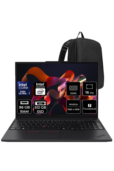 LENOVO ThinkPad T16 Core Ultra 7 255U 96GB RAM 512GB SSD 16" FHD+ FreeDOS Dizüstü Bilgisayar + Per4 Çanta ürün görseli 1