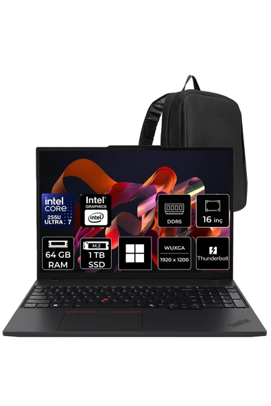 LENOVO ThinkPad T16 Core Ultra 7 255U 64GB RAM 1TB SSD 16" FHD+ Win11 Pro Dizüstü Bilgisayar + Per4 Çanta ürün görseli 1
