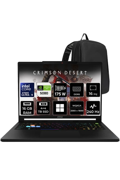 MSI Raider 16 HX Core Ultra 9 275HX RTX 5080 16 GB 175W 16GB RAM 4TB + 4TB SSD 16" QHD+ 240Hz Win11 Home B2WI021TRP372 Gaming Laptop + PER4 Çanta ürün görseli 1