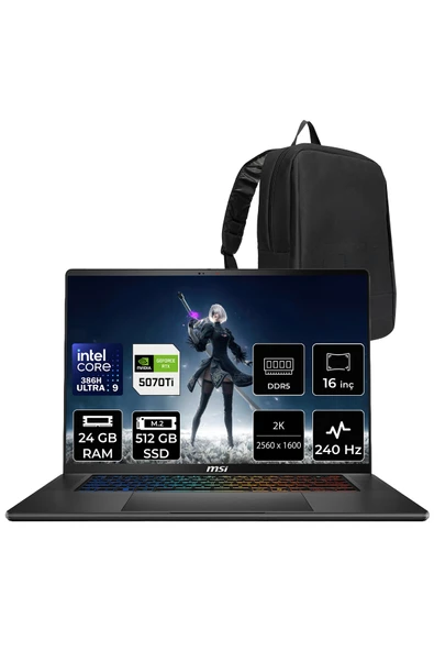 MSI Stealth 16 AI+ Intel Core Ultra 9-386H RTX 5070 Ti 12GB 125W 24GB RAM 512GB SSD 16" QHD+ 240Hz OLED FreeDOS B3WH011TRP314 Gaming Laptop + PER4 Çanta ürün görseli 1