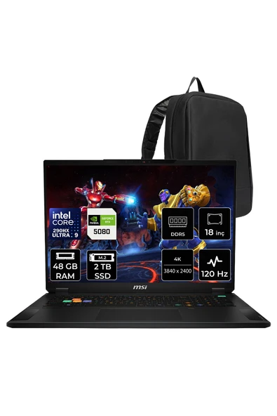 MSI Stealth 18 HX Intel Core Ultra 9-290HX Plus RTX 5080 16GB 150W 48GB RAM 2TB SSD 18" 4K UHD+ 120Hz FreeDOS A2WI081TRP334 Gaming Laptop + PER4 Çanta ürün görseli 1