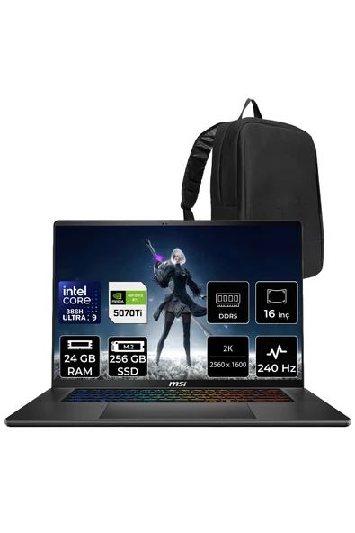 MSI Stealth 16 AI+ Intel Core Ultra 9-386H RTX 5070 Ti 12GB 125W 24GB RAM 256GB SSD 16" QHD+ 240Hz OLED FreeDOS B3WH011TRP313 Gaming Laptop + PER4 Çanta ürün görseli 1