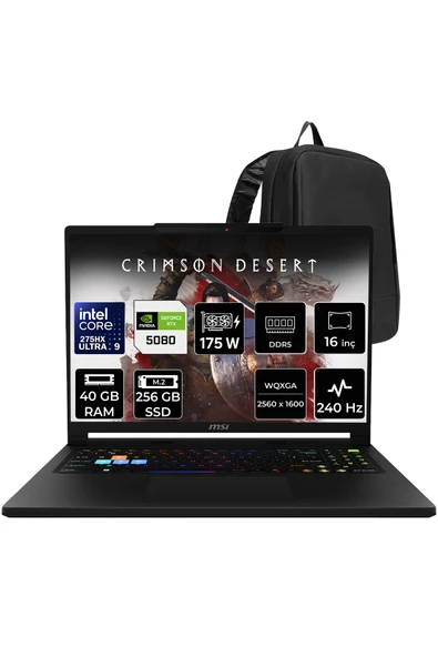 MSI Raider 16 HX Core Ultra 9 275HX RTX 5080 16 GB 175W 40GB RAM 256GB SSD 16" QHD+ 240Hz FreeDOS B2WI021TRP325 Gaming Laptop + PER4 Çanta ürün görseli 1
