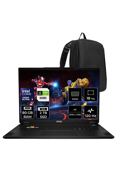 MSI Stealth 18 HX Intel Core Ultra 9-290HX Plus RTX 5080 16GB 150W 80GB RAM 2TB SSD 18" 4K UHD+ 120Hz FreeDOS A2WI081TRP346 Gaming Laptop + PER4 Çanta ürün görseli 1