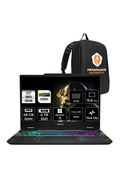 MSI Cyborg 15 i5 13420H RTX 5060 8GB 48GB RAM 4TB SSD 15.6" FHD 144Hz Win11 Pro B13WFKG491XTRP430 Gaming Laptop + Per4 Çanta ürün görseli 1