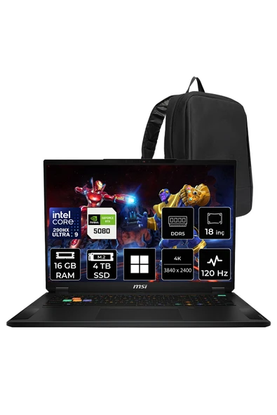 MSI Stealth 18 HX Intel Core Ultra 9-290HX Plus RTX 5080 16GB 150W 16GB RAM 4TB SSD 18" 4K UHD+ 120Hz Win11 Home A2WI081TRP311 Gaming Laptop + PER4 Çanta ürün görseli 1