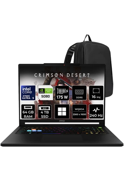 MSI Raider 16 HX Core Ultra 9 275HX RTX 5080 16 GB 175W 64GB RAM 4TB SSD 16" QHD+ 240Hz Win11 Home B2WI021TRP401 Gaming Laptop + PER4 Çanta ürün görseli 1