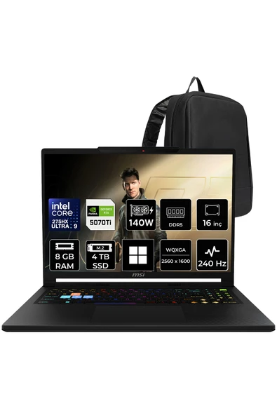 MSI Raider 16 HX Core Ultra 9 275HX RTX 5070 Ti 12GB 140W 8GB RAM 4TB SSD 16" QHD+ 240Hz Win11 Home B2WH091TRP365 Gaming Laptop + PER4 Çanta ürün görseli 1